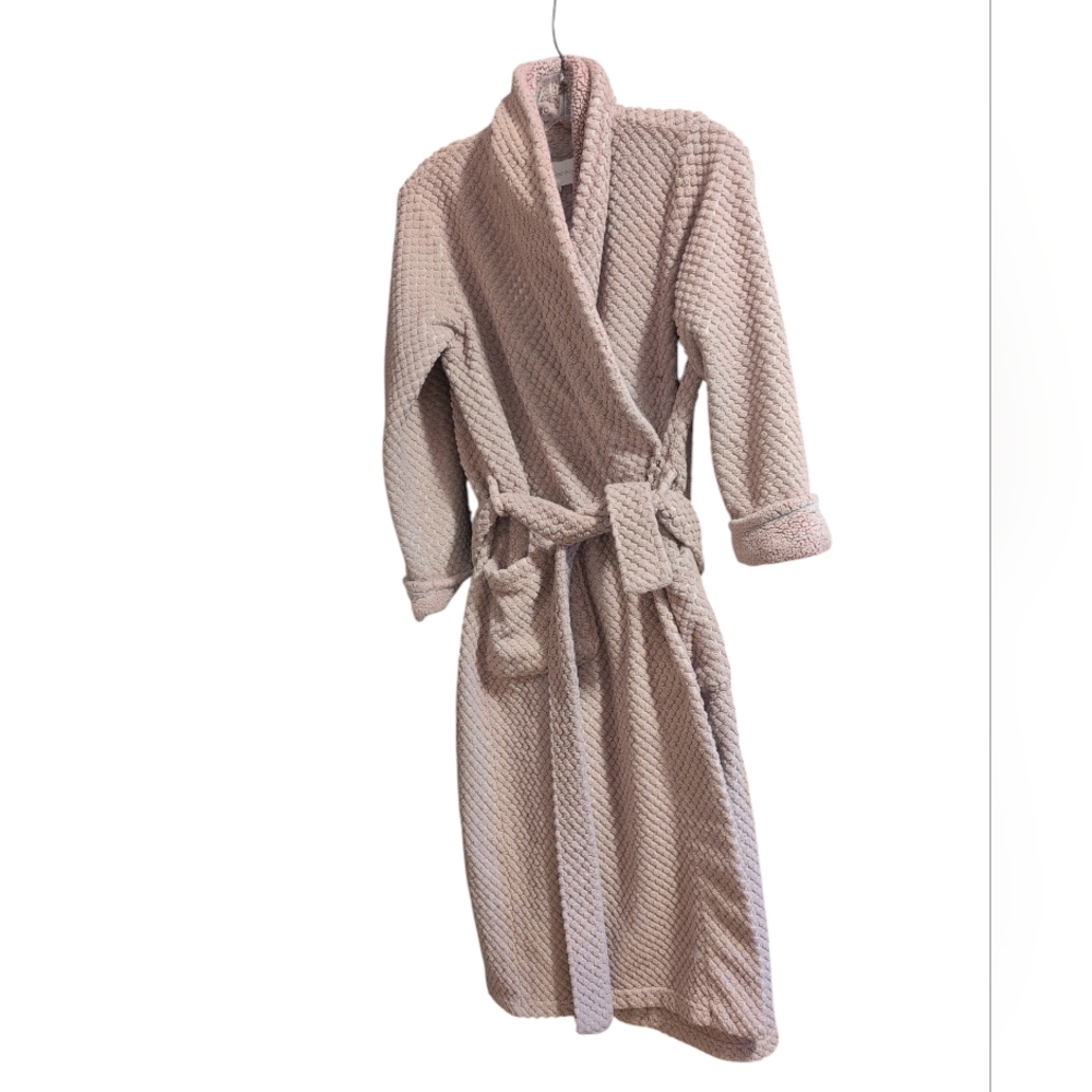 Waffle Knit Plush Bath Robe Women’s Beige Taupe Belted Long Sleeve Cozy Lounge